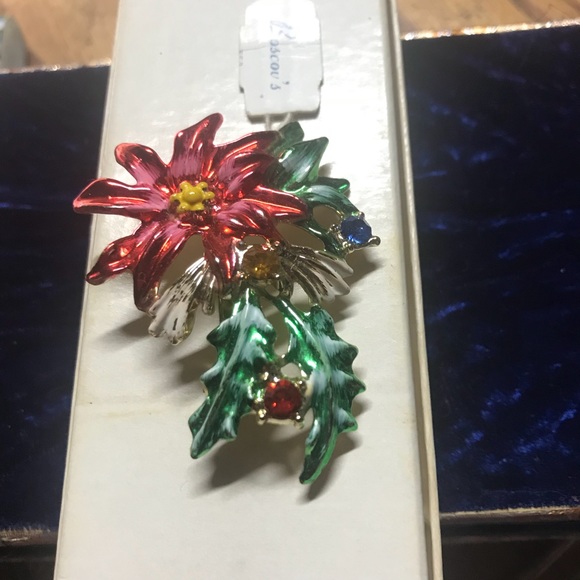 BROOCH POINSETTIAS HOLLY BERRIES RHINESTONE PIN CHRISTMAS IN JULY!!!! - Picture 7 of 7